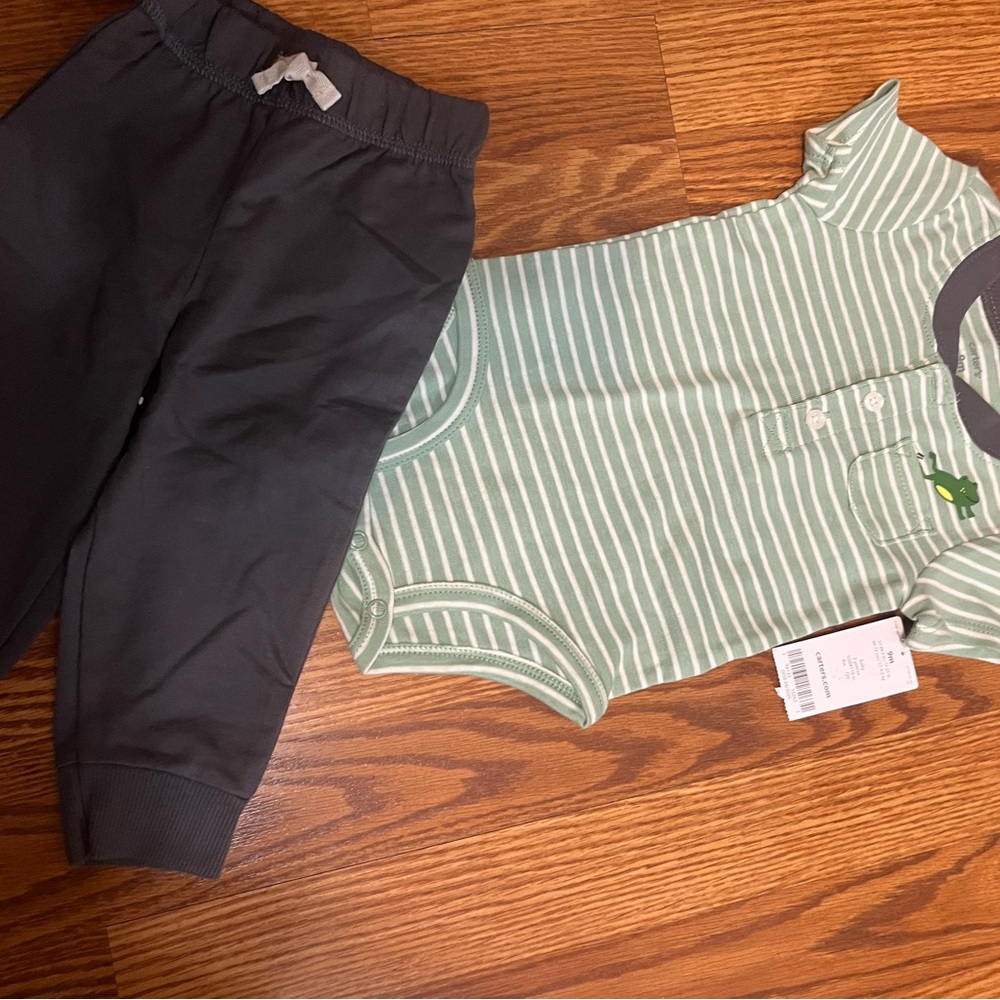 Carter's Striped Green Onesie and Black Pants Set